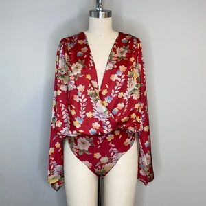 Zara Red Floral Deep V-Neck Bodysuit